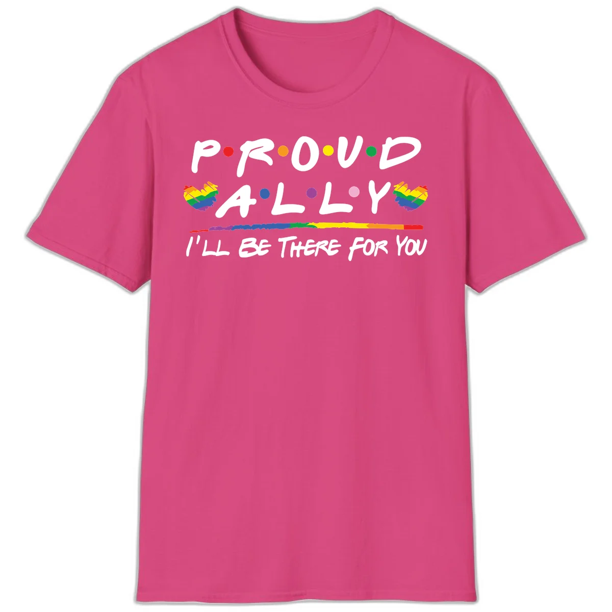 Proud ally support design with white hand-drawn text, rainbow hearts, and striped line on gray background in Heliconia