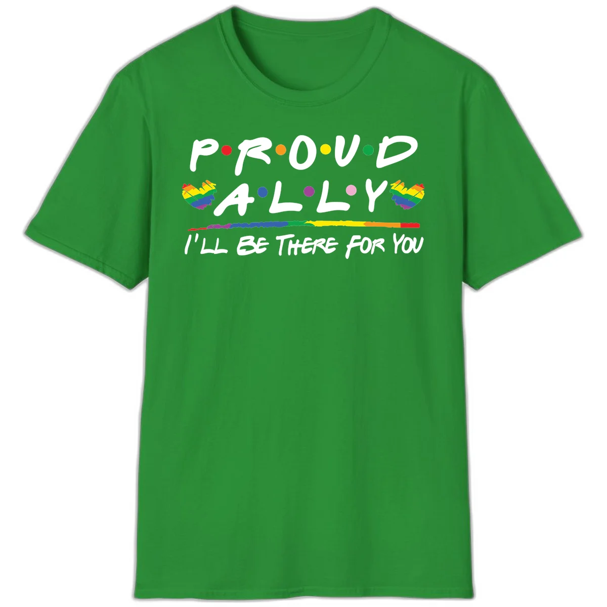 Proud ally support design with white hand-drawn text, rainbow hearts, and striped line on gray background in Irish Green