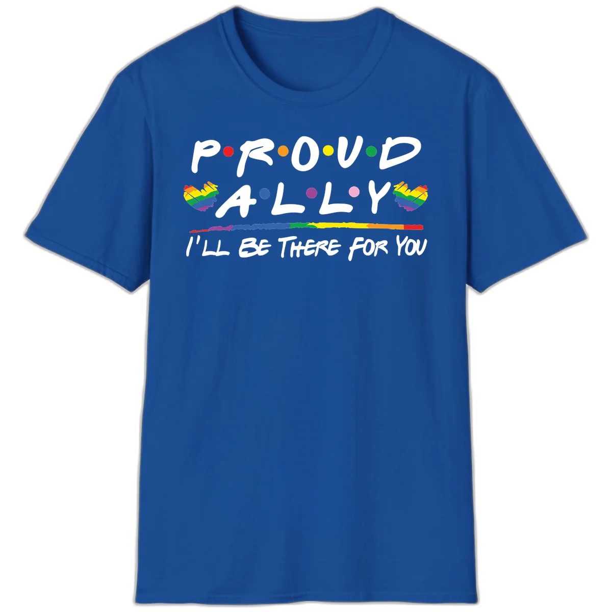 Proud ally support design with white hand-drawn text, rainbow hearts, and striped line on gray background in Royal