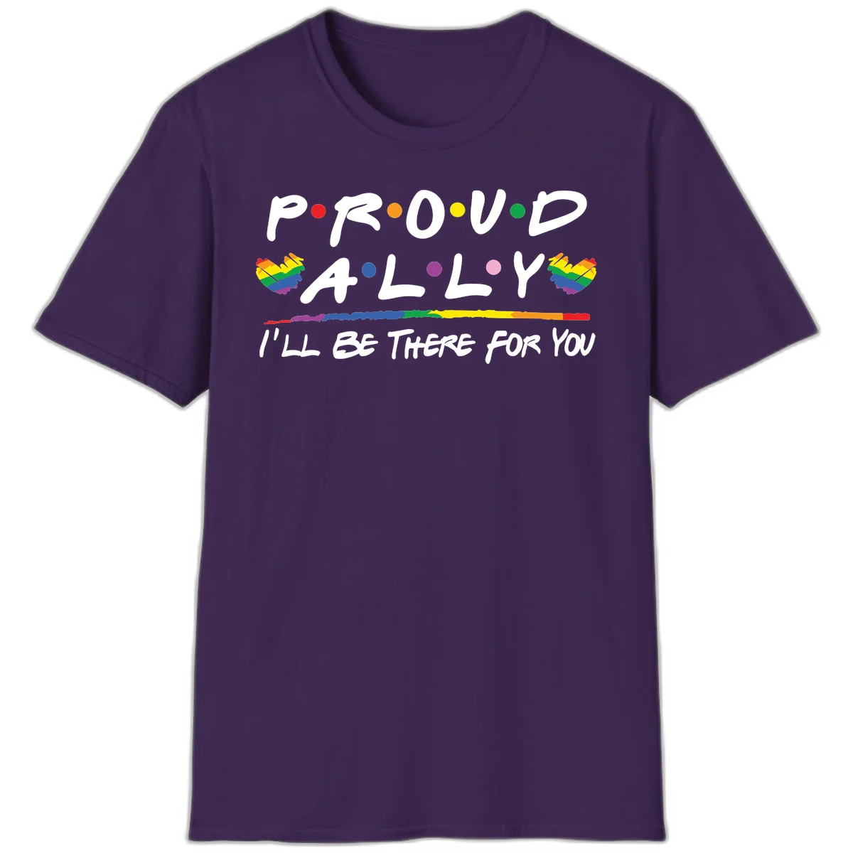 Proud ally support design with white hand-drawn text, rainbow hearts, and striped line on gray background in Purple
