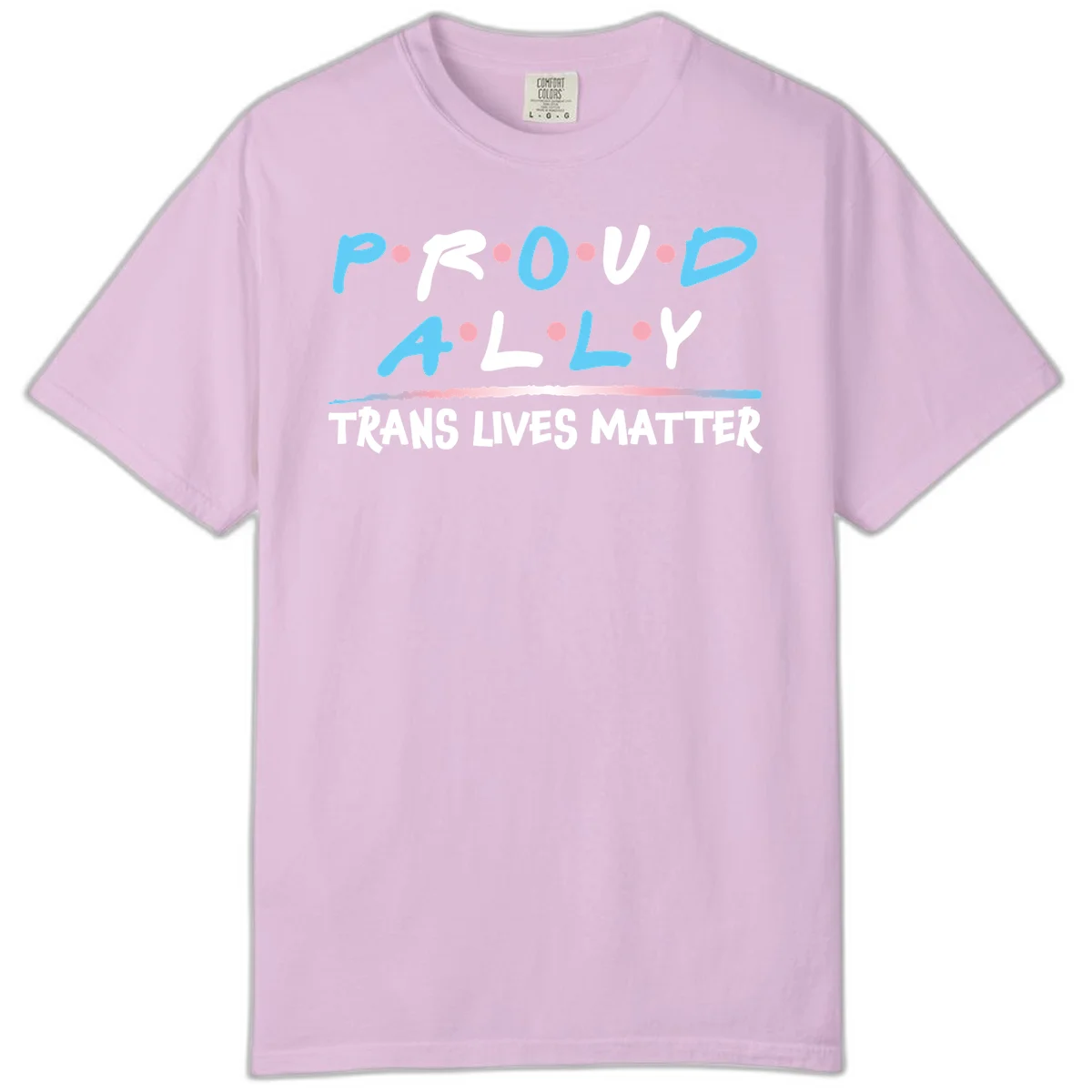 Proud ally trans lives matter design with blue and white text, pink decorative dots, and trans pride watercolor stripe in Orchid
