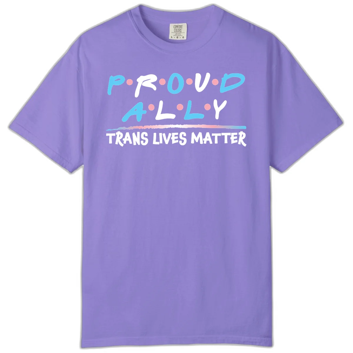 Proud ally trans lives matter design with blue and white text, pink decorative dots, and trans pride watercolor stripe in Violet