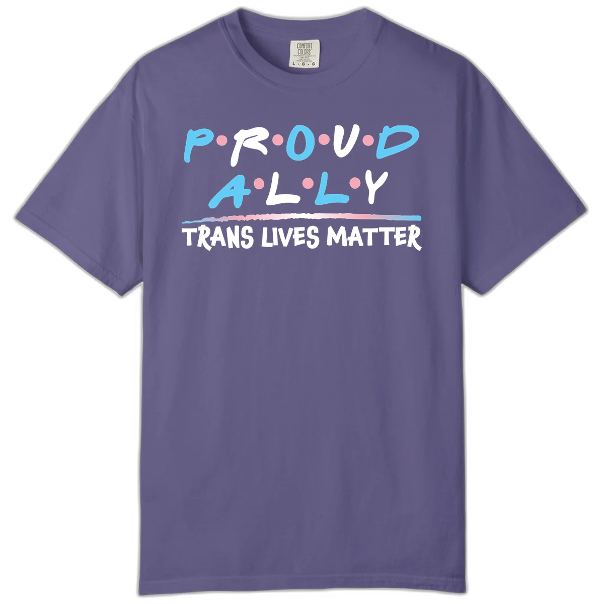 Proud ally trans lives matter design with blue and white text, pink decorative dots, and trans pride watercolor stripe in Grape