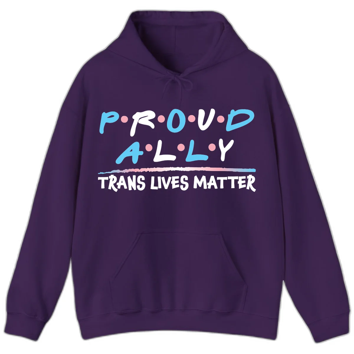 Proud ally trans lives matter design with blue and white text, pink decorative dots, and trans pride watercolor stripe in Purple