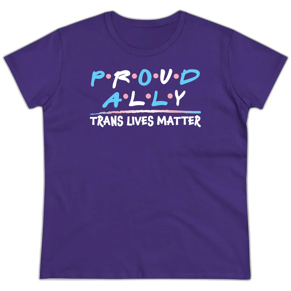 Proud ally trans lives matter design with blue and white text, pink decorative dots, and trans pride watercolor stripe in Purple
