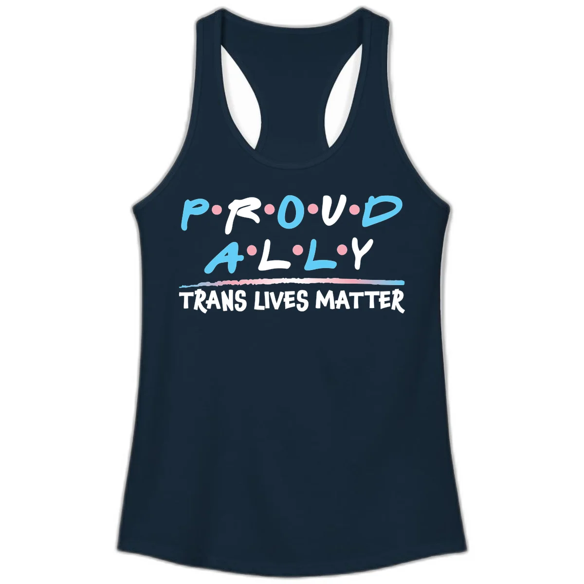 Proud ally trans lives matter design with blue and white text, pink decorative dots, and trans pride watercolor stripe in Solid Midnight Navy