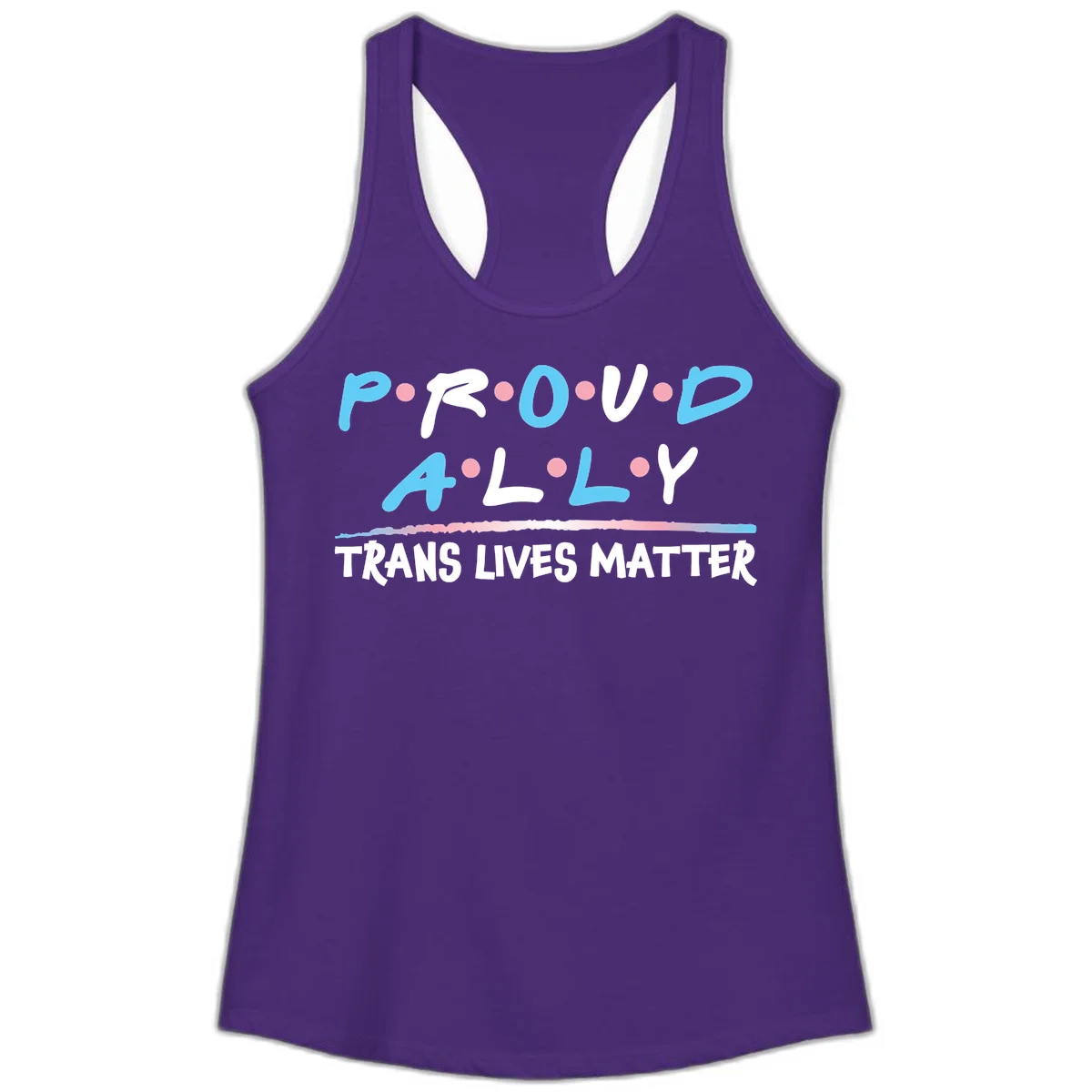 Proud ally trans lives matter design with blue and white text, pink decorative dots, and trans pride watercolor stripe in Solid Purple Rush