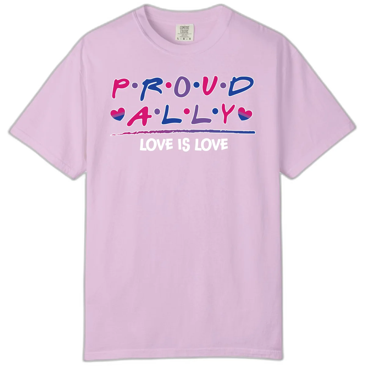 Proud for all ally pride design with colorful letters, bisexual hearts, and love is love message on gray background in Orchid