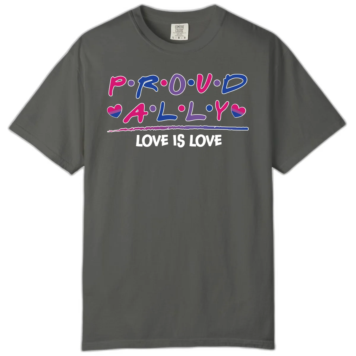 Proud for all ally pride design with colorful letters, bisexual hearts, and love is love message on gray background in Pepper