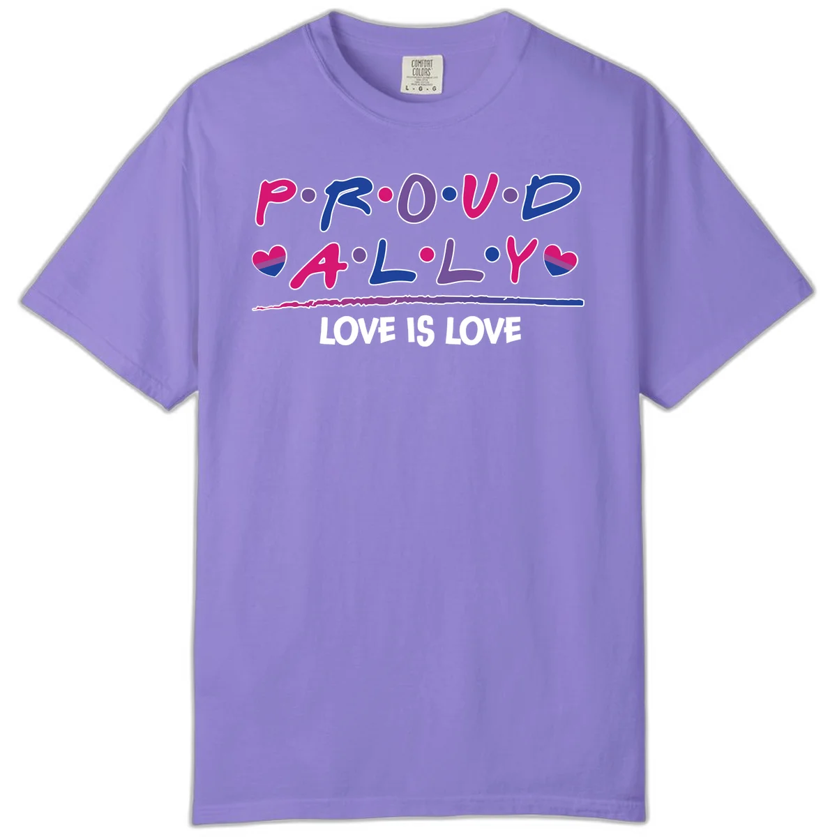 Proud for all ally pride design with colorful letters, bisexual hearts, and love is love message on gray background in Violet