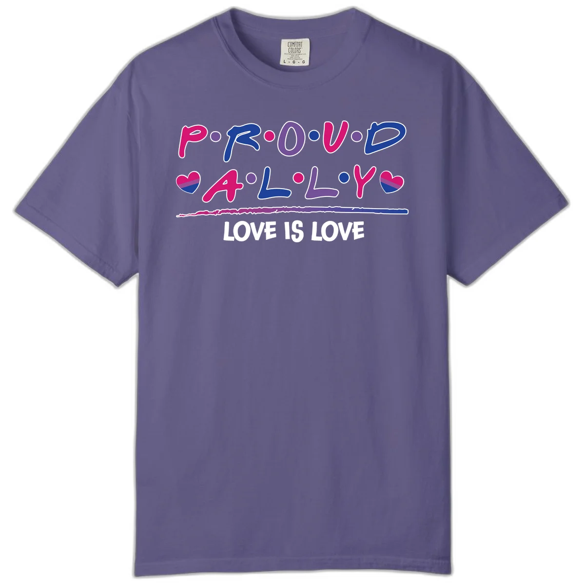 Proud for all ally pride design with colorful letters, bisexual hearts, and love is love message on gray background in Grape