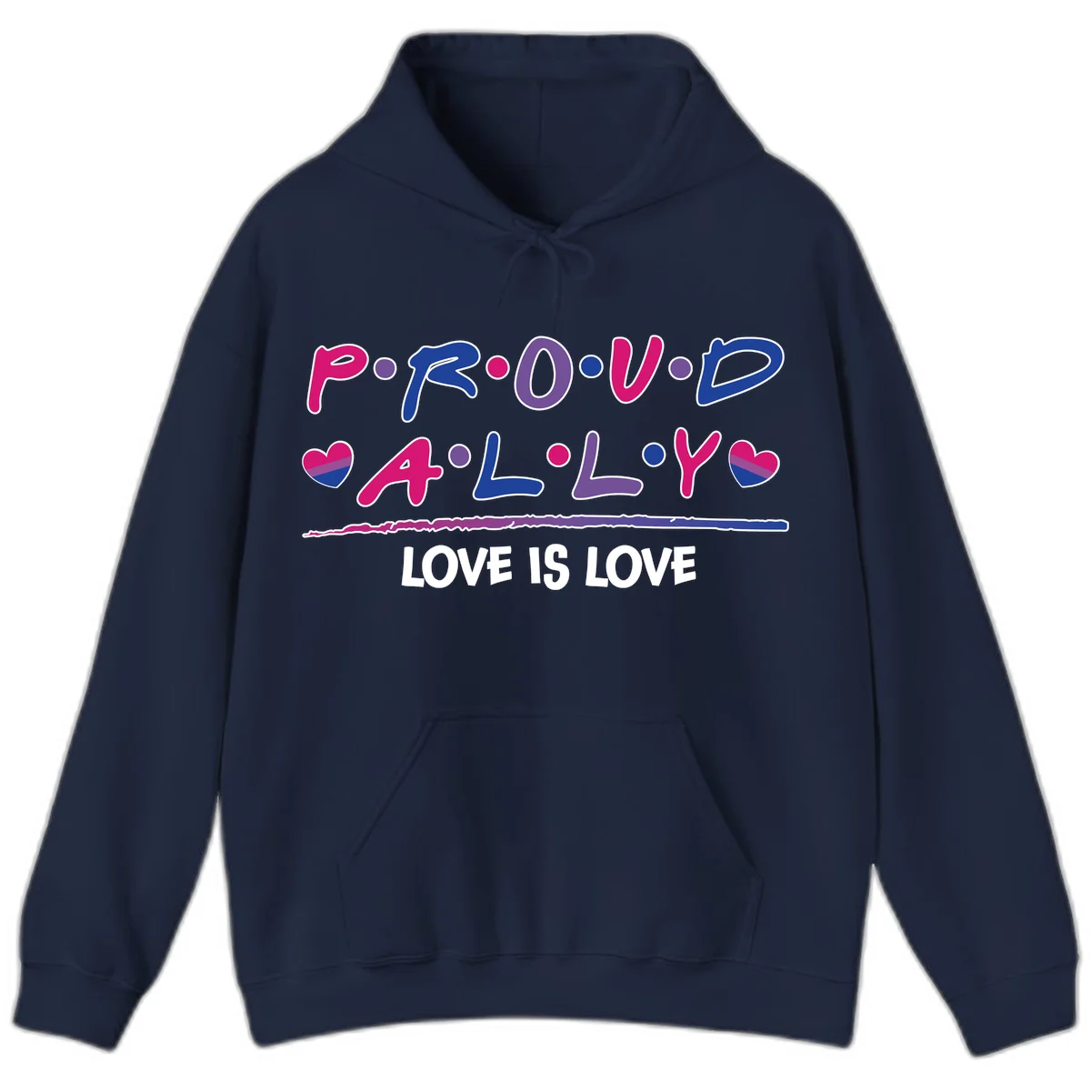 Proud for all ally pride design with colorful letters, bisexual hearts, and love is love message on gray background in Navy