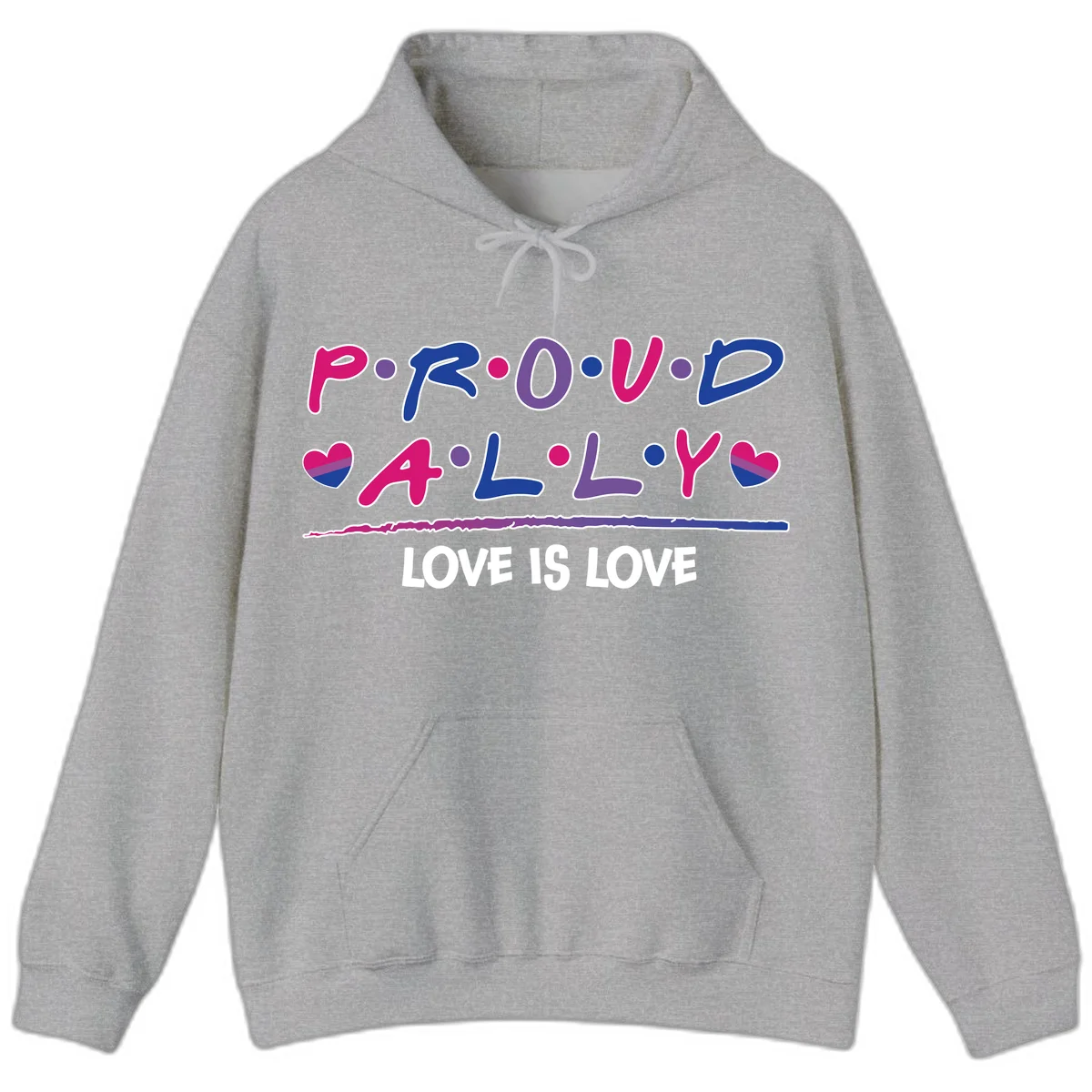 Proud for all ally pride design with colorful letters, bisexual hearts, and love is love message on gray background in Sport Grey