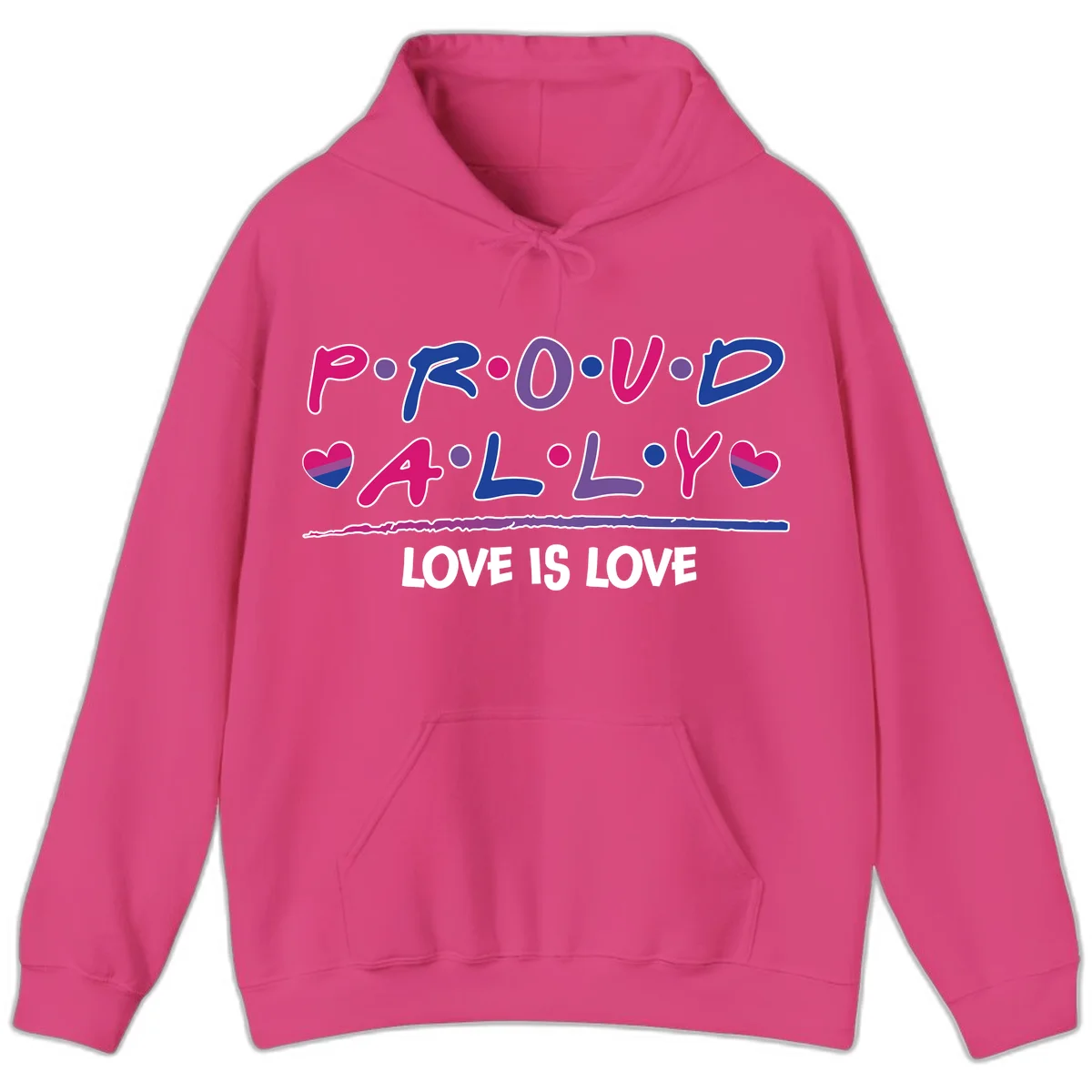 Proud for all ally pride design with colorful letters, bisexual hearts, and love is love message on gray background in Heliconia