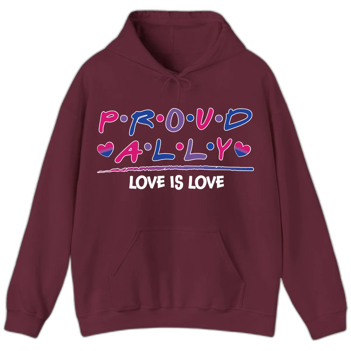 Proud for all ally pride design with colorful letters, bisexual hearts, and love is love message on gray background in Maroon
