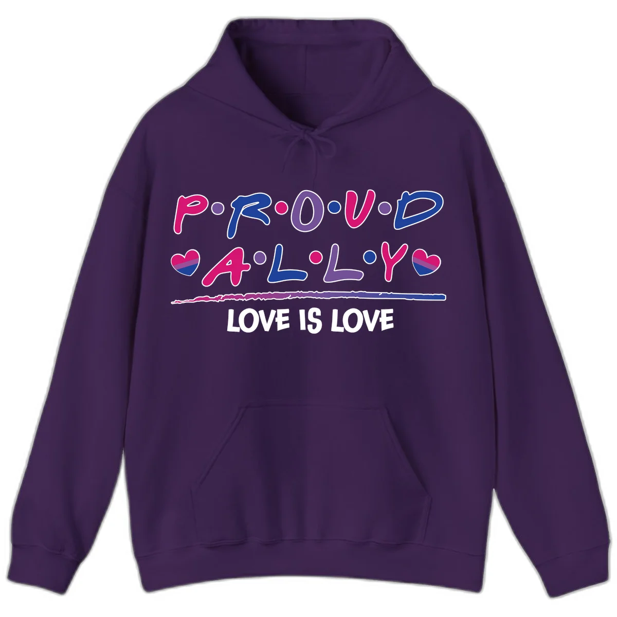 Proud for all ally pride design with colorful letters, bisexual hearts, and love is love message on gray background in Purple