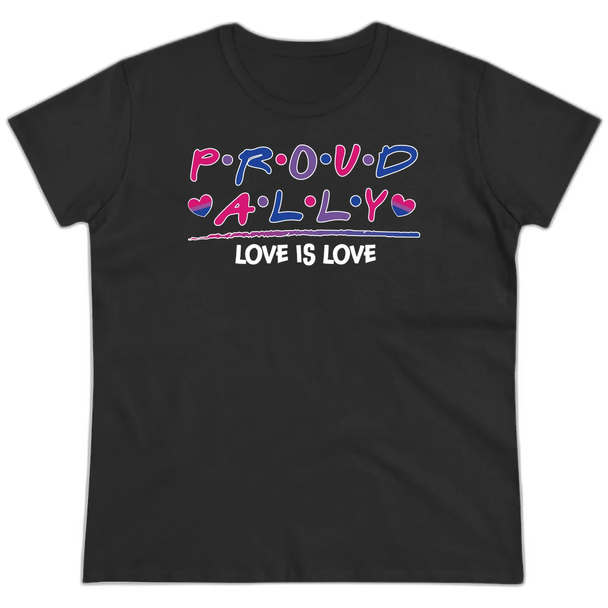Proud for all ally pride design with colorful letters, bisexual hearts, and love is love message on gray background in Black