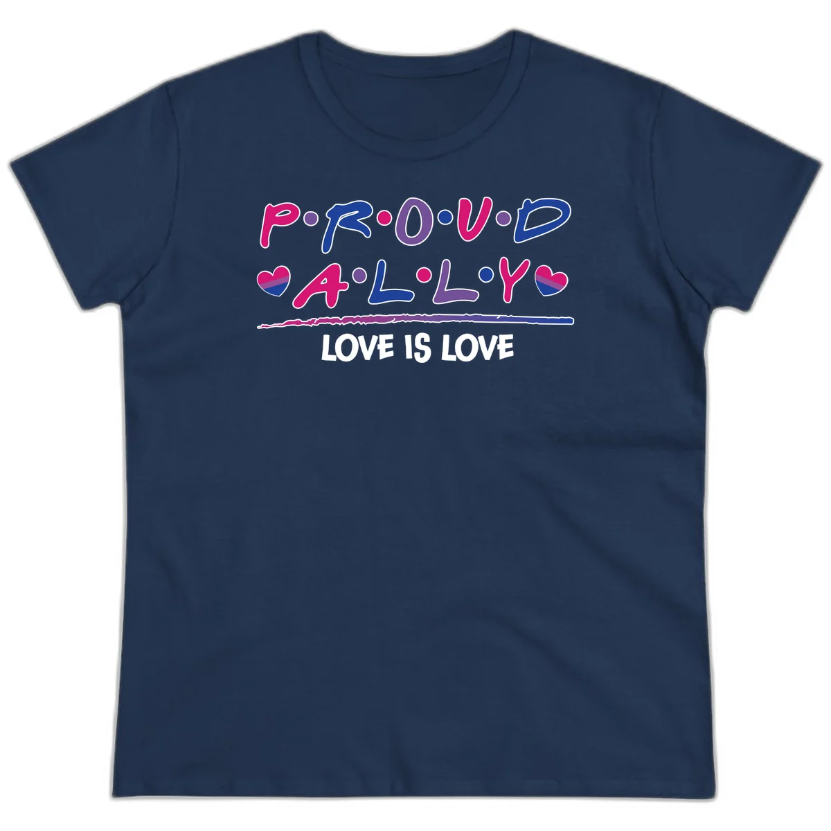 Proud for all ally pride design with colorful letters, bisexual hearts, and love is love message on gray background in Navy