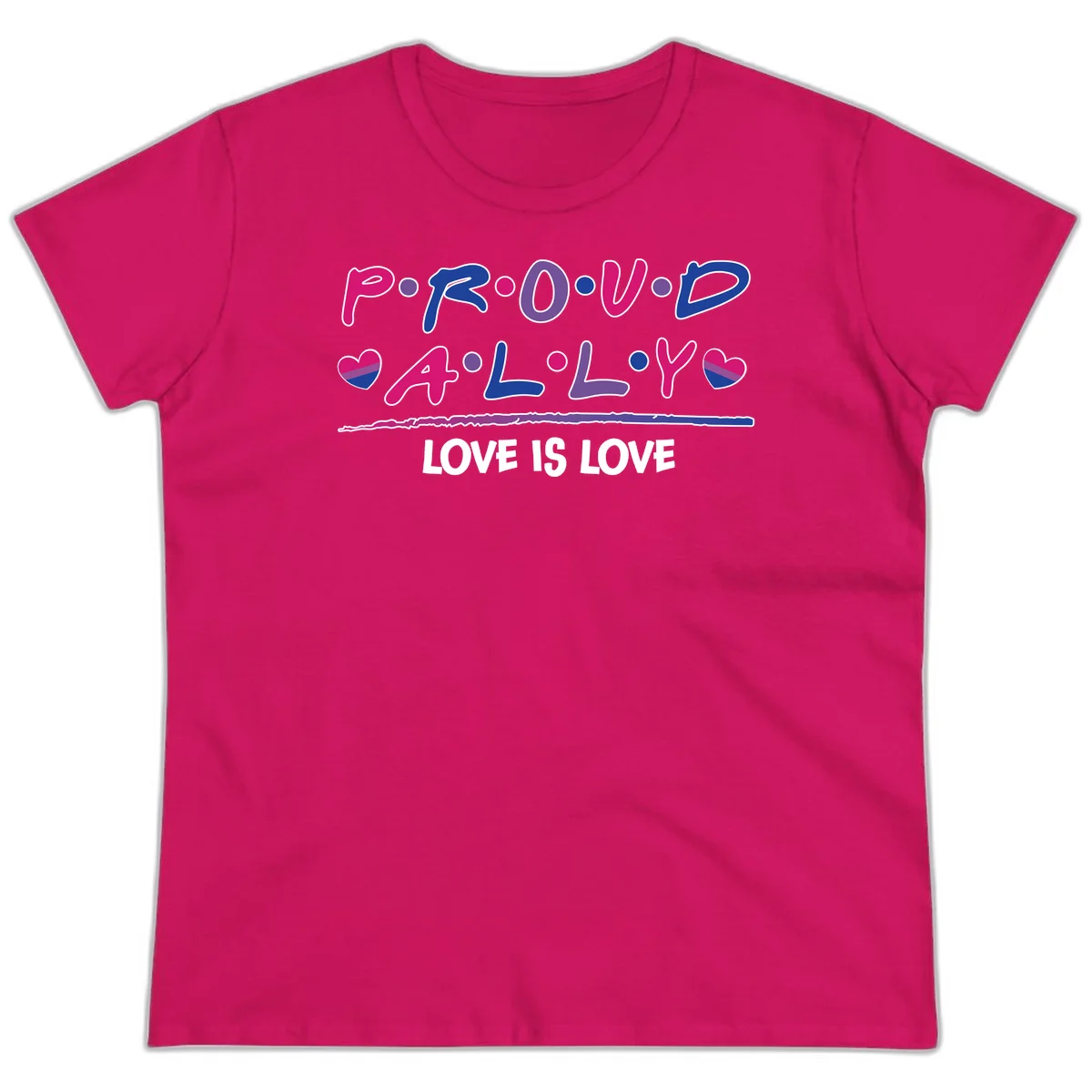 Proud for all ally pride design with colorful letters, bisexual hearts, and love is love message on gray background in Heliconia