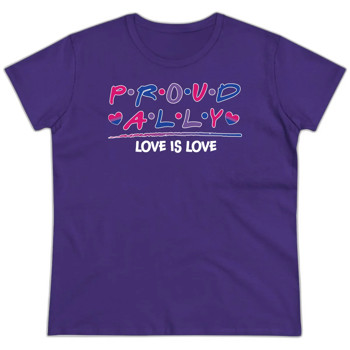Proud for all ally pride design with colorful letters, bisexual hearts, and love is love message on gray background in Purple