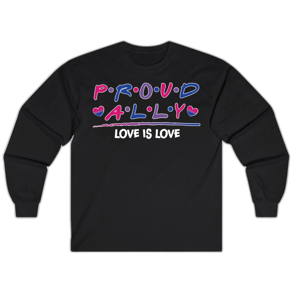 Proud for all ally pride design with colorful letters, bisexual hearts, and love is love message on gray background in Black