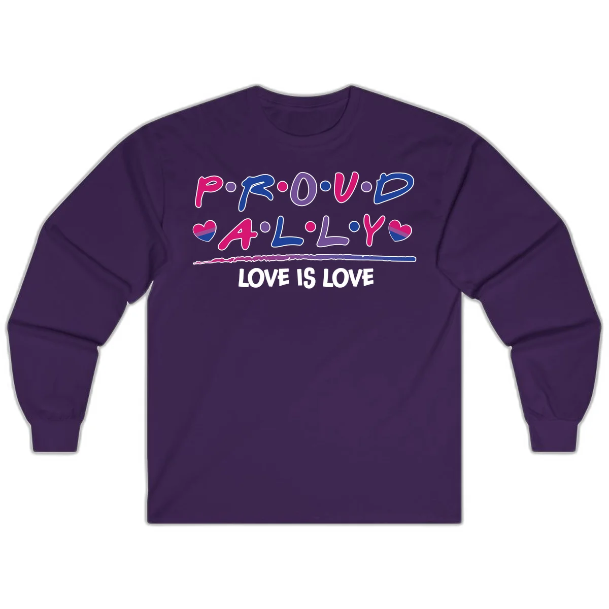 Proud for all ally pride design with colorful letters, bisexual hearts, and love is love message on gray background in Purple