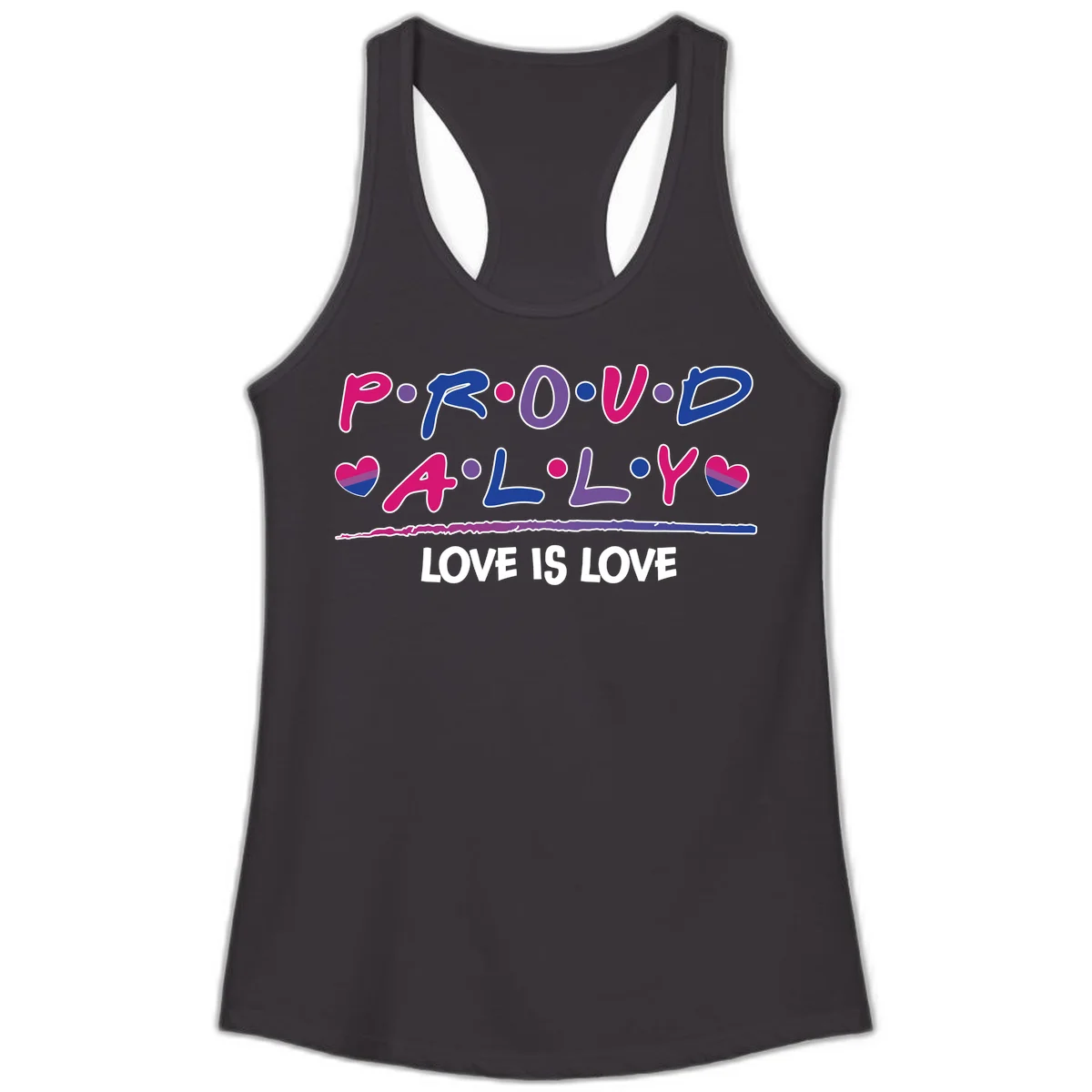 Proud for all ally pride design with colorful letters, bisexual hearts, and love is love message on gray background in Black