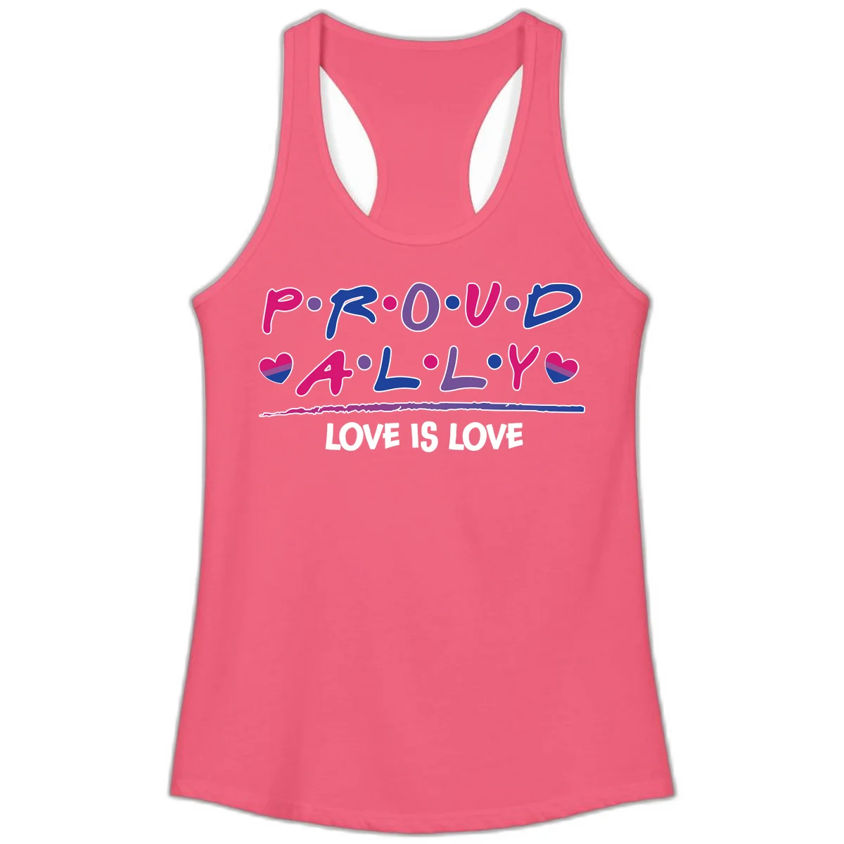 Proud for all ally pride design with colorful letters, bisexual hearts, and love is love message on gray background in Hot Pink