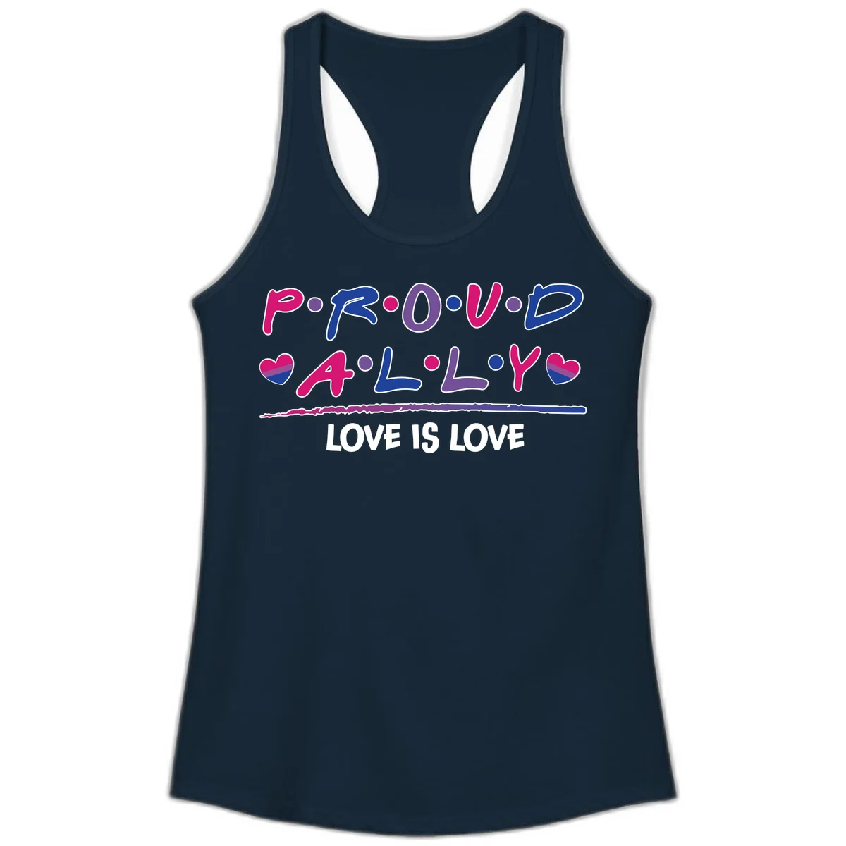 Proud for all ally pride design with colorful letters, bisexual hearts, and love is love message on gray background in Solid Midnight Navy