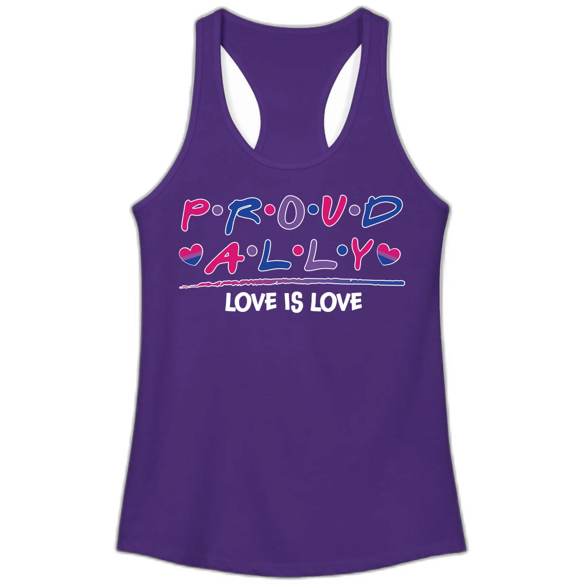 Proud for all ally pride design with colorful letters, bisexual hearts, and love is love message on gray background in Solid Purple Rush