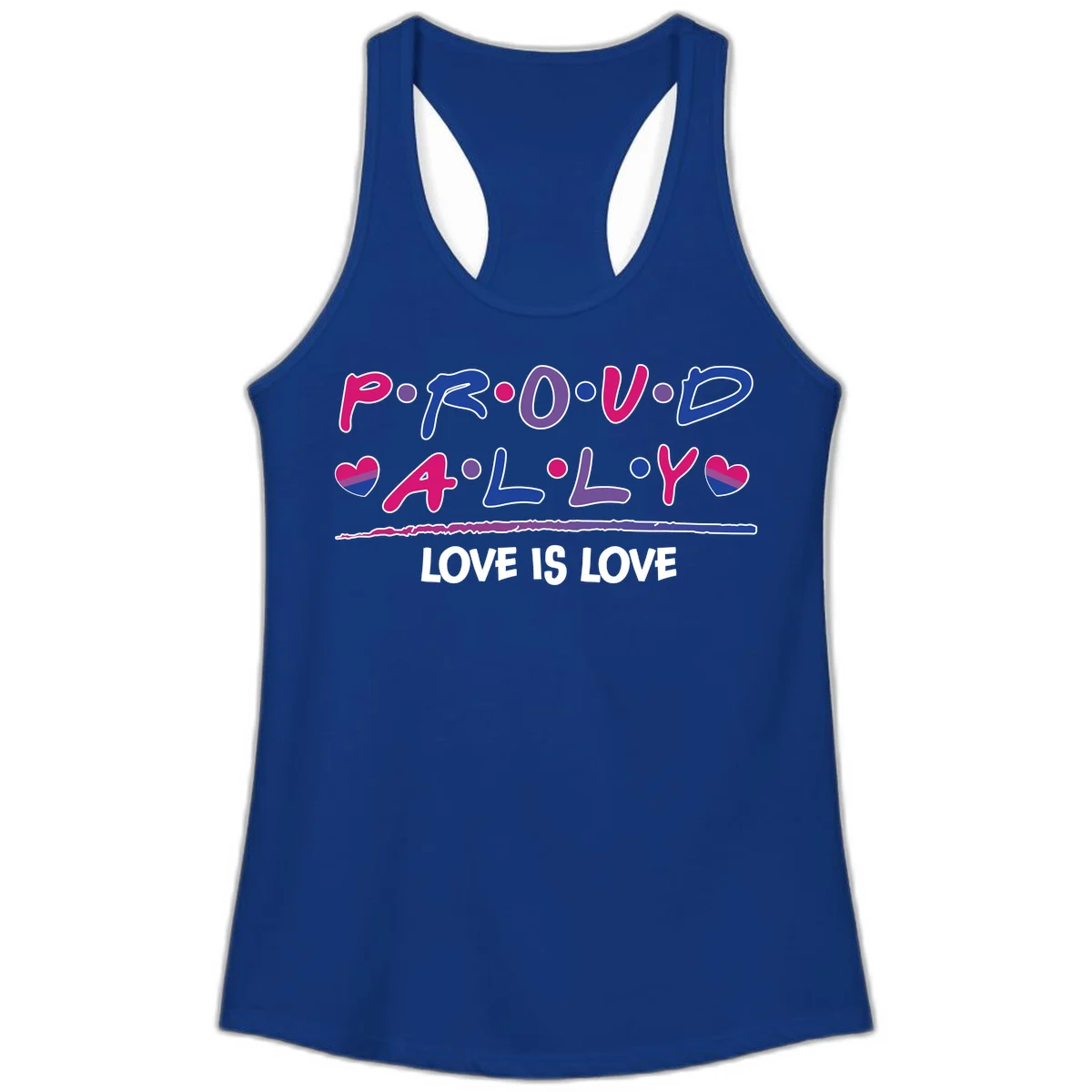 Proud for all ally pride design with colorful letters, bisexual hearts, and love is love message on gray background in Solid Royal