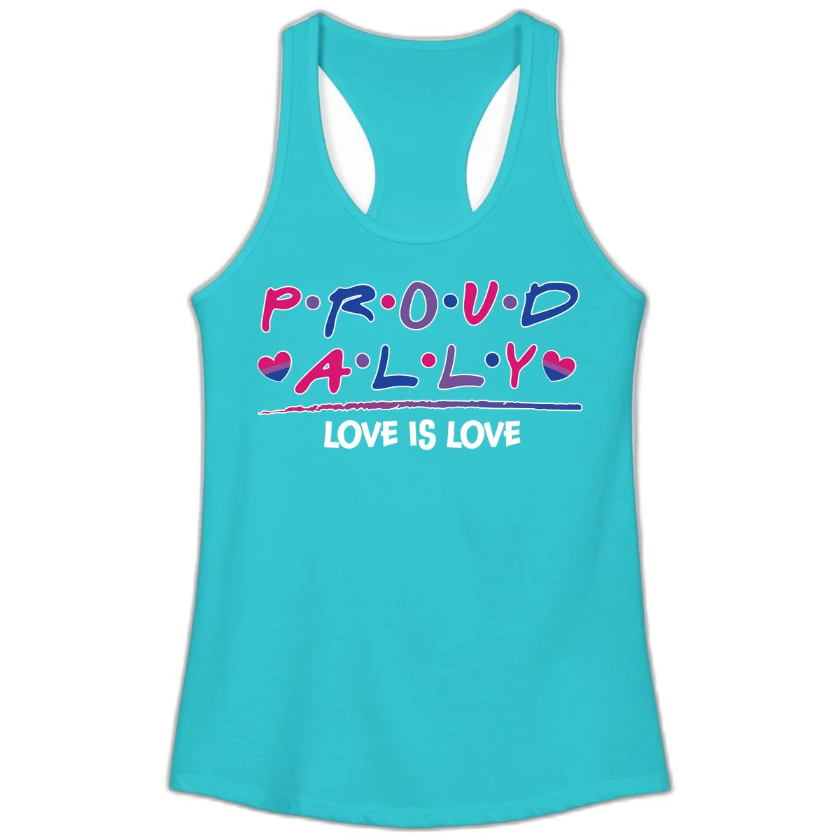 Proud for all ally pride design with colorful letters, bisexual hearts, and love is love message on gray background in Solid Tahiti Blue