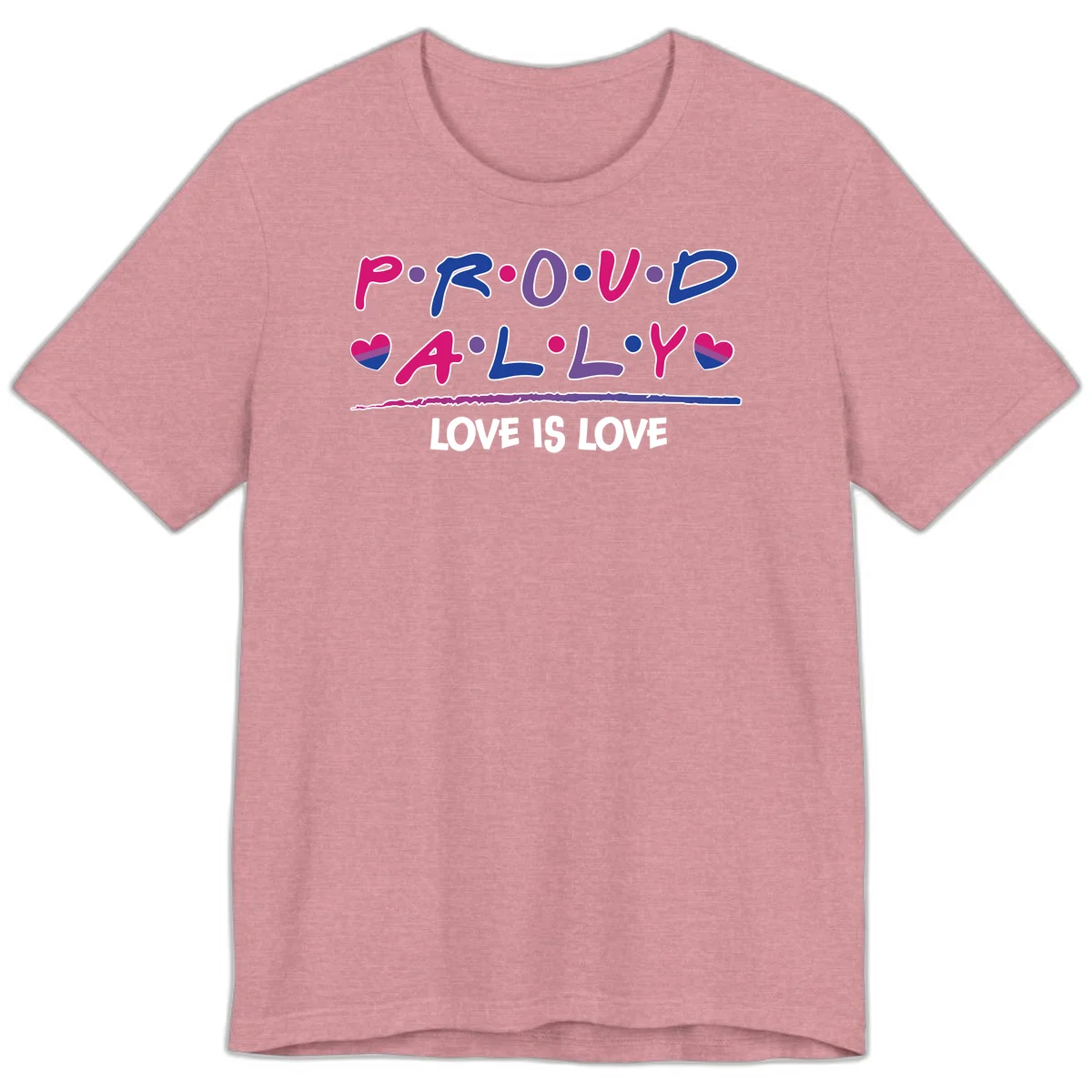 Proud for all ally pride design with colorful letters, bisexual hearts, and love is love message on gray background in Heather Orchid