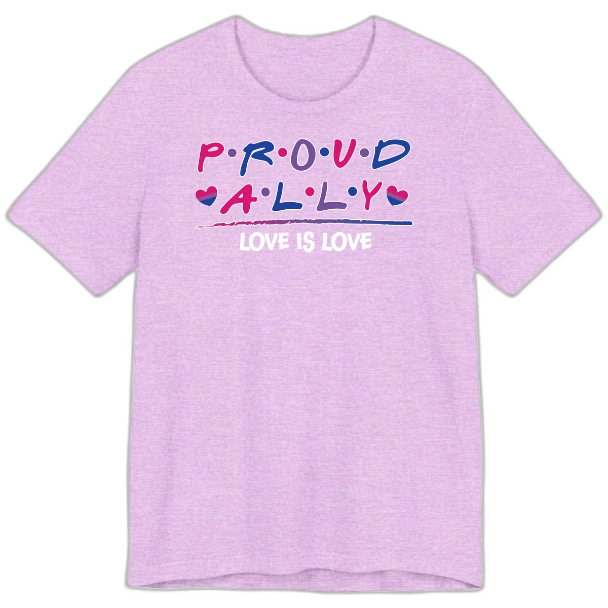 Proud for all ally pride design with colorful letters, bisexual hearts, and love is love message on gray background in Heather Prism Lilac