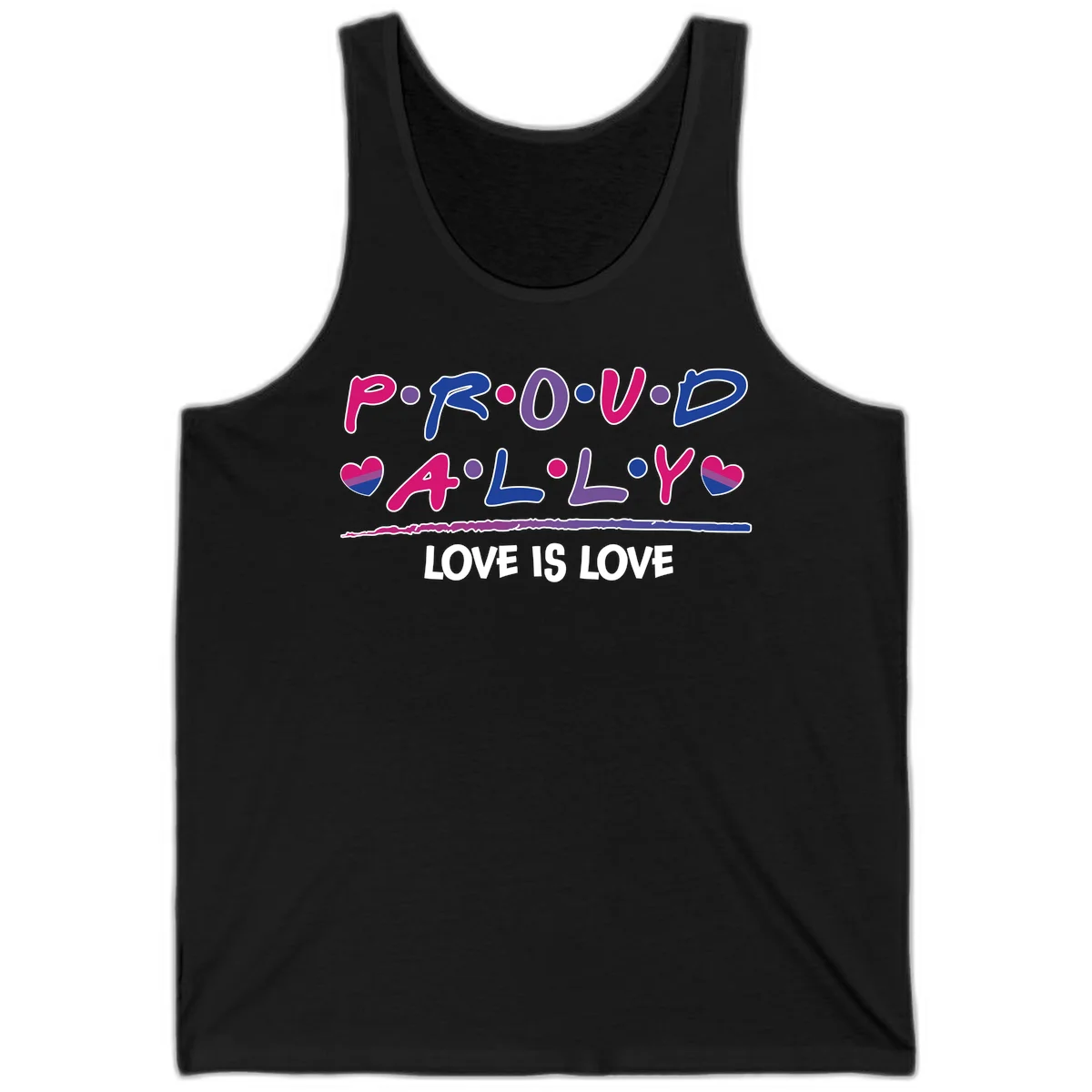 Proud for all ally pride design with colorful letters, bisexual hearts, and love is love message on gray background in Black