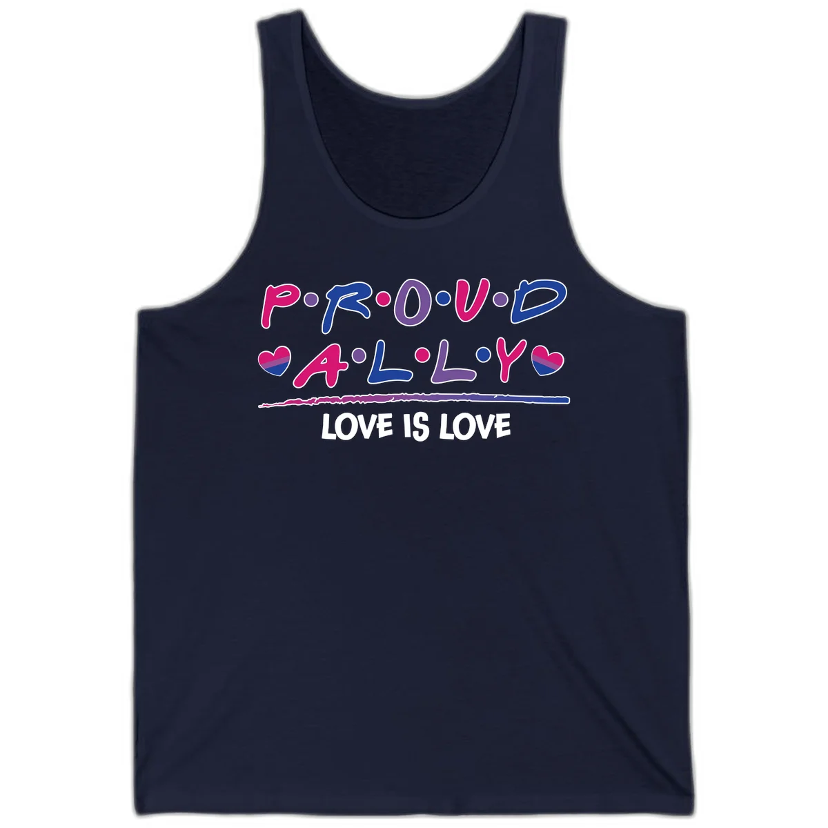 Proud for all ally pride design with colorful letters, bisexual hearts, and love is love message on gray background in Navy