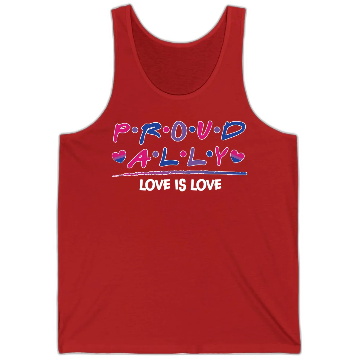 Proud for all ally pride design with colorful letters, bisexual hearts, and love is love message on gray background in Red