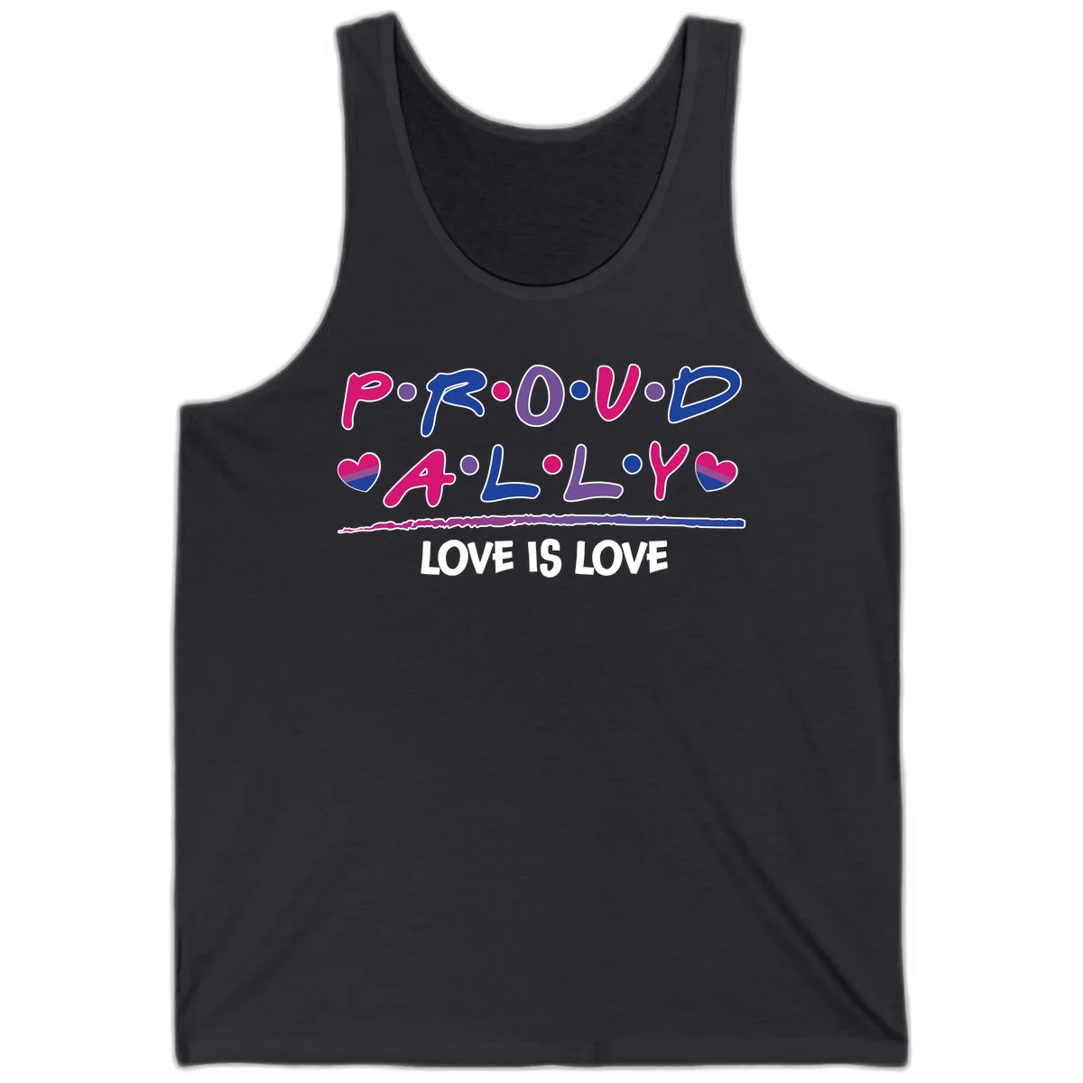 Proud for all ally pride design with colorful letters, bisexual hearts, and love is love message on gray background in Dark Grey