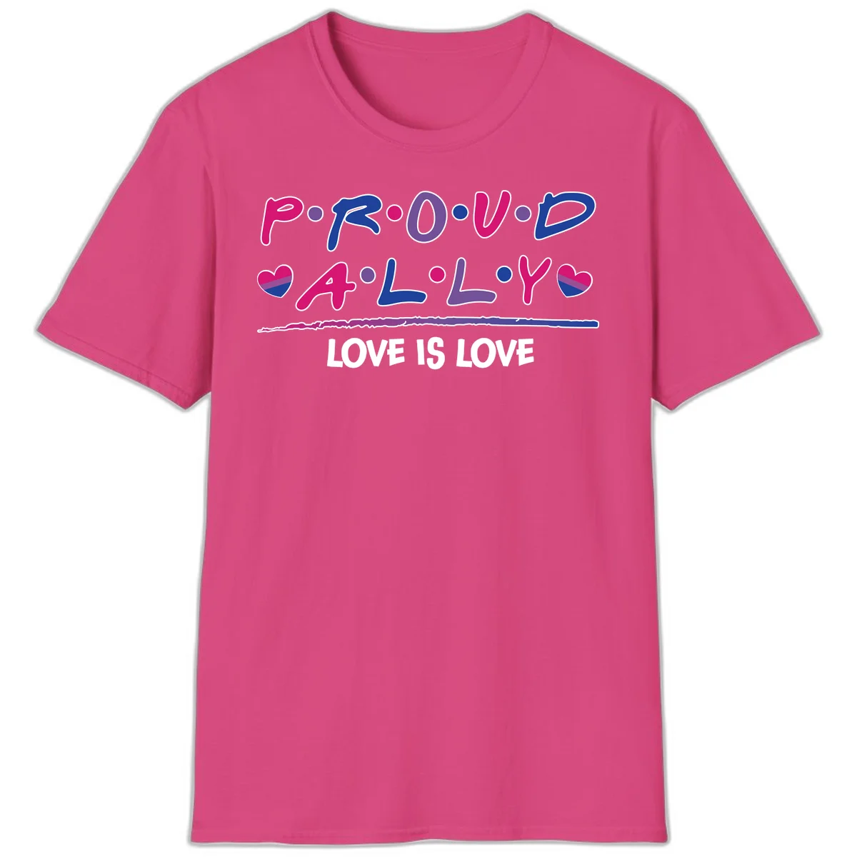 Proud for all ally pride design with colorful letters, bisexual hearts, and love is love message on gray background in Heliconia