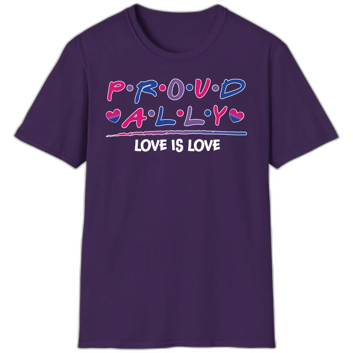 Proud for all ally pride design with colorful letters, bisexual hearts, and love is love message on gray background in Purple