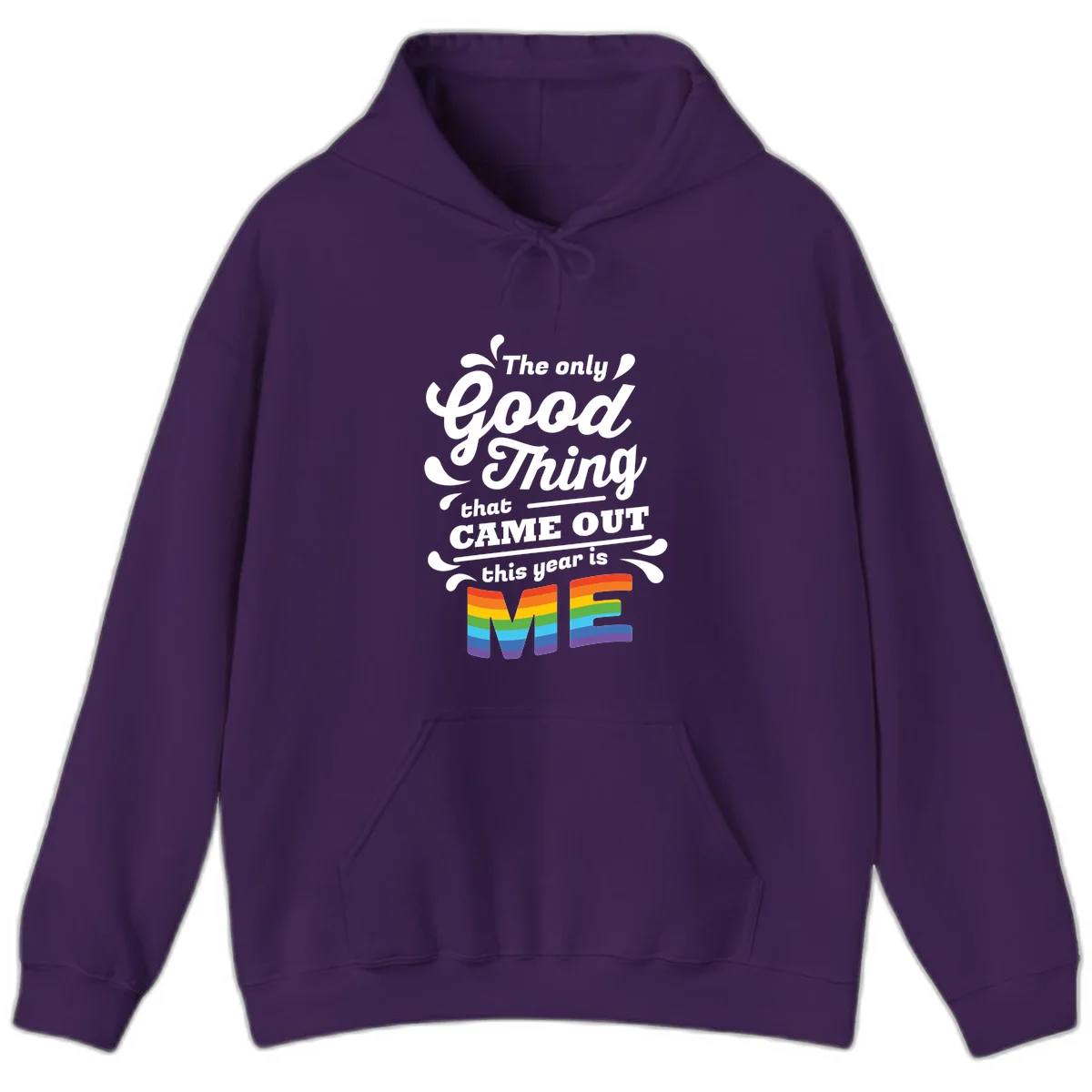 Only good thing pride design with white text and rainbow-striped ME letters on gray background in Purple