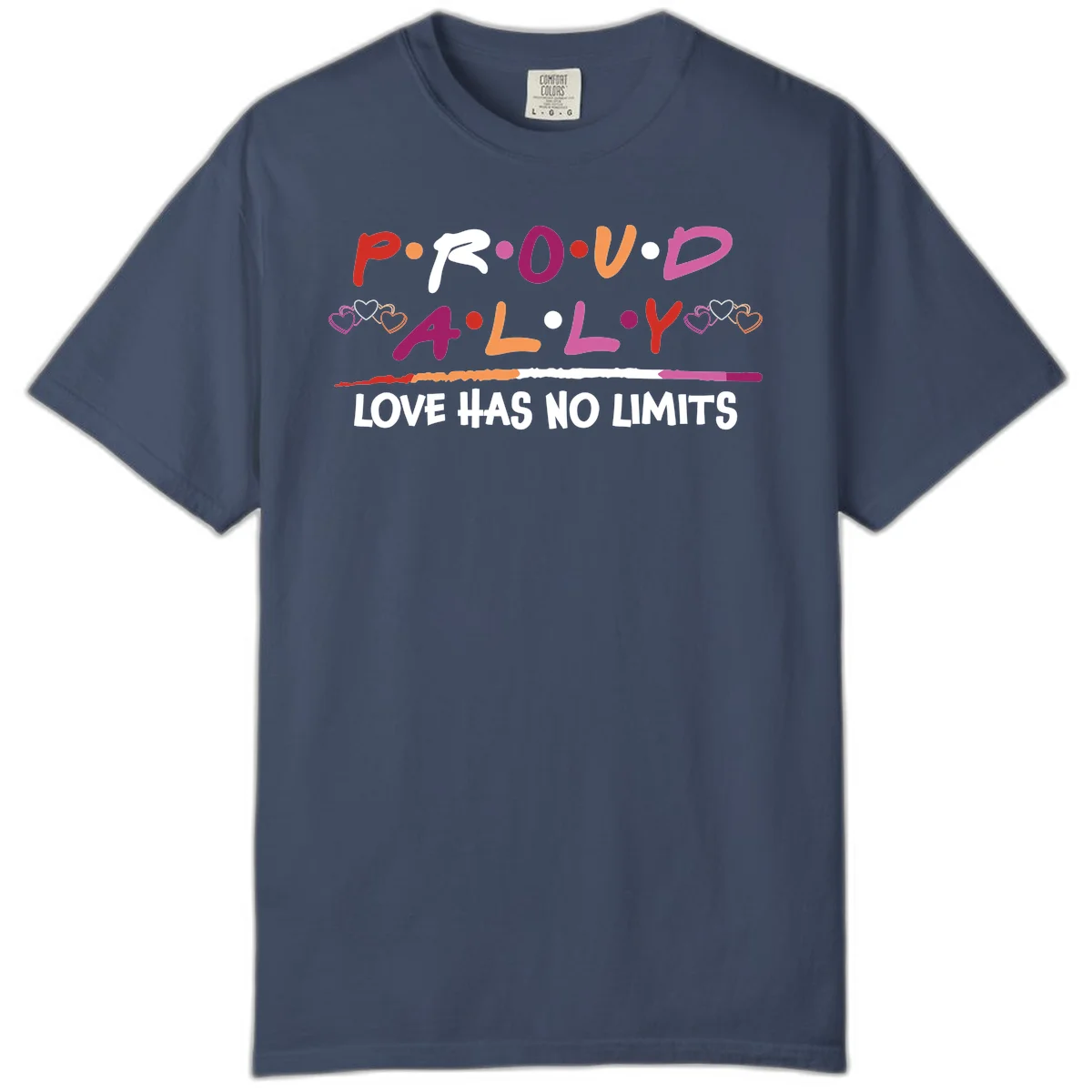 Proud ally pride design with multicolored 'P.ROUD.ALLY' text, decorative hearts, rainbow gradient line, and 'LOVE HAS NO LIMITS' message in Midnight