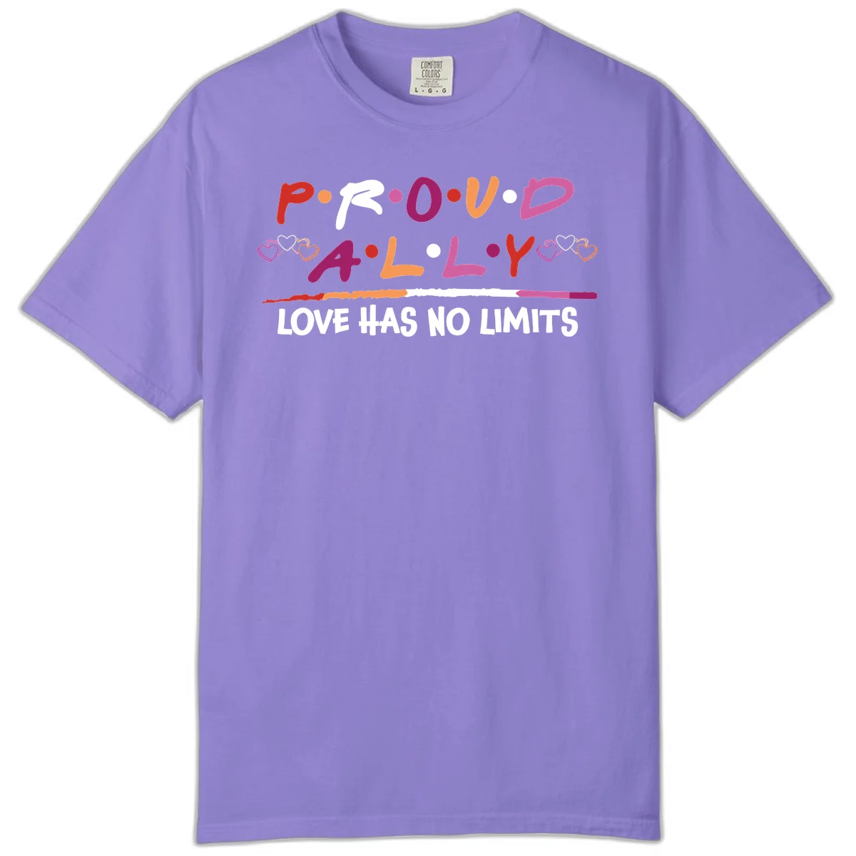 Proud ally pride design with multicolored 'P.ROUD.ALLY' text, decorative hearts, rainbow gradient line, and 'LOVE HAS NO LIMITS' message in Violet