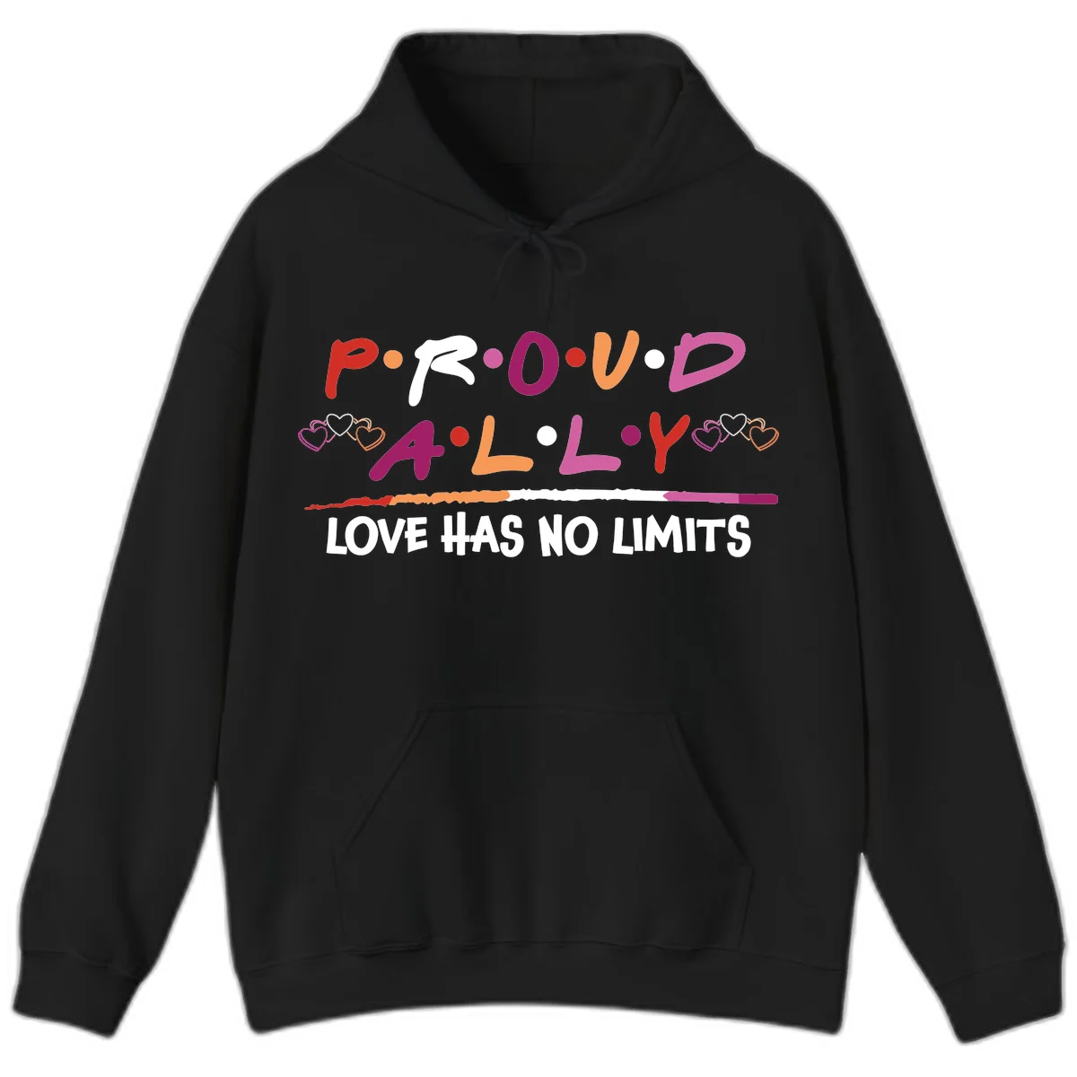 Proud ally pride design with multicolored 'P.ROUD.ALLY' text, decorative hearts, rainbow gradient line, and 'LOVE HAS NO LIMITS' message in Black