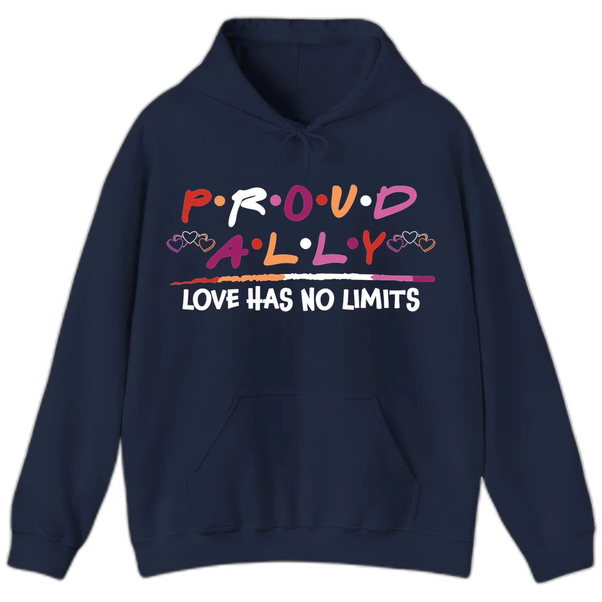 Proud ally pride design with multicolored 'P.ROUD.ALLY' text, decorative hearts, rainbow gradient line, and 'LOVE HAS NO LIMITS' message in Navy