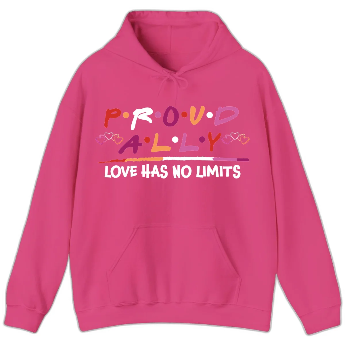 Proud ally pride design with multicolored 'P.ROUD.ALLY' text, decorative hearts, rainbow gradient line, and 'LOVE HAS NO LIMITS' message in Heliconia