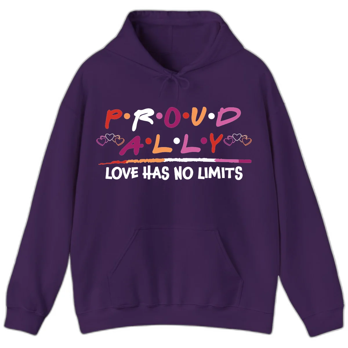 Proud ally pride design with multicolored 'P.ROUD.ALLY' text, decorative hearts, rainbow gradient line, and 'LOVE HAS NO LIMITS' message in Purple