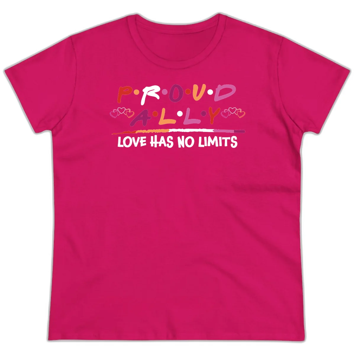 Proud ally pride design with multicolored 'P.ROUD.ALLY' text, decorative hearts, rainbow gradient line, and 'LOVE HAS NO LIMITS' message in Heliconia