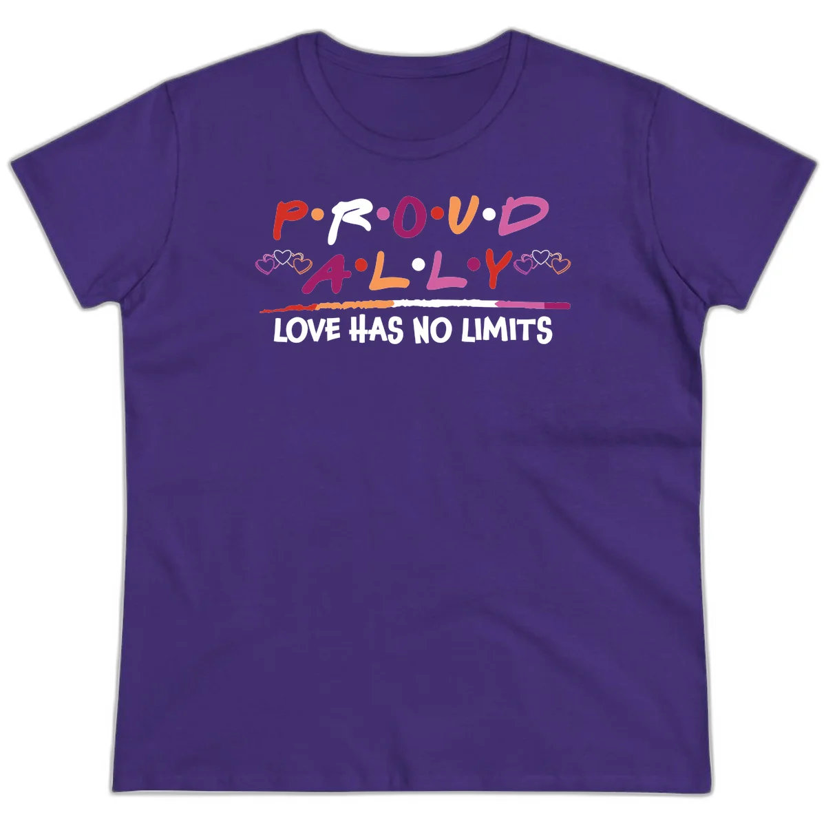 Proud ally pride design with multicolored 'P.ROUD.ALLY' text, decorative hearts, rainbow gradient line, and 'LOVE HAS NO LIMITS' message in Purple
