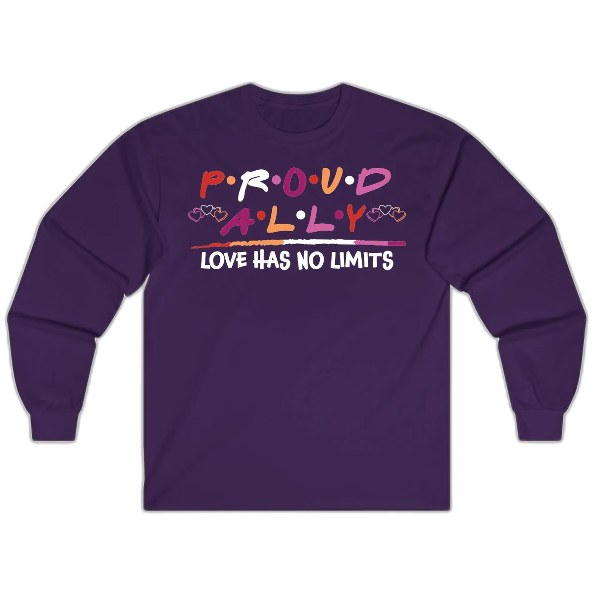 Proud ally pride design with multicolored 'P.ROUD.ALLY' text, decorative hearts, rainbow gradient line, and 'LOVE HAS NO LIMITS' message in Purple